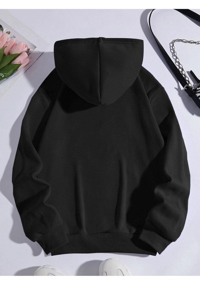 Düz Basic Sweatshirt - Siyah Oversize Kapüşonlu Siyah