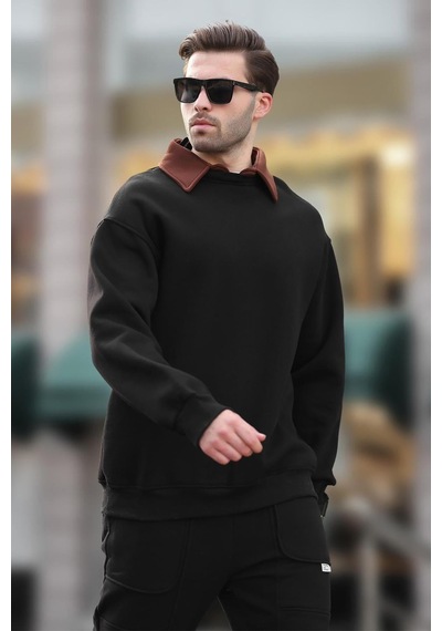 Madmext Siyah Polo Yaka Erkek Sweatshirt 7086 Siyah