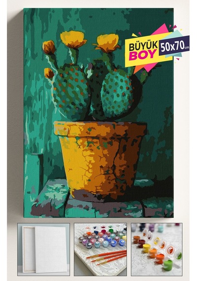 Sayılarla Boyama Seti Numaralı Tuval Fırça Boya Dahil Kasnaklı Set 50x70 Cm - Büyük Kaktüs