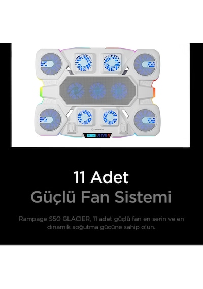 Rampage S50 Glacier Beyaz Rgb Işıklı 11 Fanlı Lcd Göstergeli 1 Type C 1 Usb Girişli Yükselebilen Notebook Soğutucu