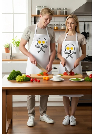 Erkek Unisex Aşçı Önlüğü Kuru Kafa Baskılı Mutfak Sanatçısı Motif Beyaz