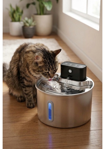 2.2 L Şarjlı Kablosuz Sensörlü Paslanmaz Çelik Kedi Köpek Için Su Pınarı Su Çeşmesi Su Sebili 2000 Mah Pwl-207