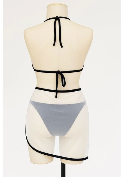 Kadın Siyah Beyaz Pareolu 3 Lü Bikini Takımı Yandan Ve Boyundan Bağlamalı Pedli Şık Plaj Seti