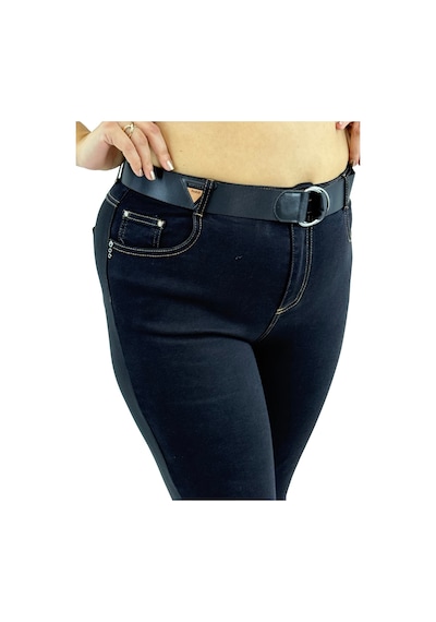 Büyük Beden Toparlayıcı Yüksek Bel Kemerli Dar Paça Denim Örme Kumaş Kadın Pantolon Siyah
