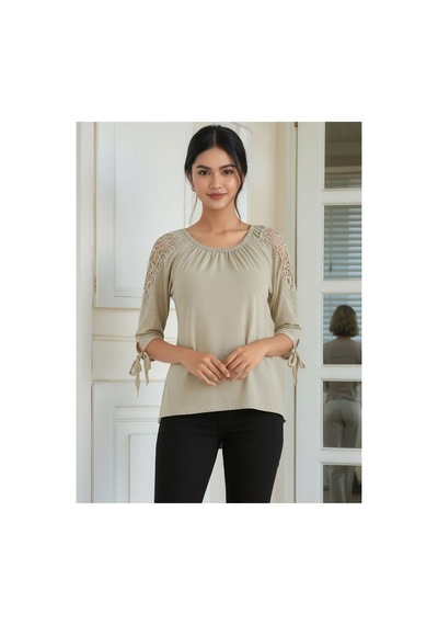 Mamayaga Kadın Bisiket Yaka Truvakar Kol Omuz Ve Kol Güpür Taşlı Tasarım Detay Yazlık Tshirt Bluz Çağla Mamayaga Kadın Bisiket Yaka Truvakar Kol Omuz Ve Kol Güpür Taşlı Tasarım Detay Yazlık Tshirt Bluz Çağla