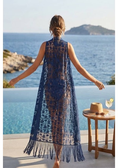 Maşuka Dantel Detaylı Püsküllü Plaj Pareosu Ve Kolsuz Kimono, Yelek Aksesuar Lacivert Lacivert Maşuka Dantel Detaylı Püsküllü Plaj Pareosu Ve Kolsuz Kimono, Yelek Aksesuar Lacivert Lacivert