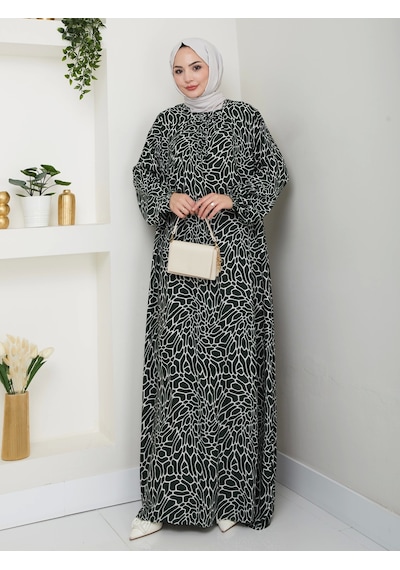 Nevayla Moda Desenli Önü Büzgülü Viskon Elbise - Haki / E0131 Haki