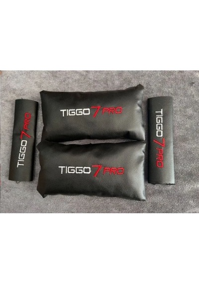 Chery Tiggo 7 Pro Nakışlı 2 Adet Deri Boyun Yastığı Ve 2 Adet Kemer Pedi Siyah