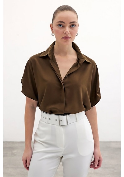 Sateen Kol Detaylı Salaş Gömlek - Kahve-136683 kahve