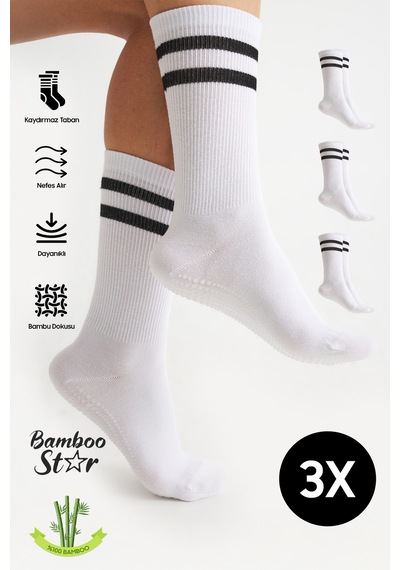 Bamboo Star Bambu Kadın Beyaz Kaydırmaz Taban Silikon Baskı Yoga Fitness Pilates Bale Dans Tenis Çorabı 3'lü