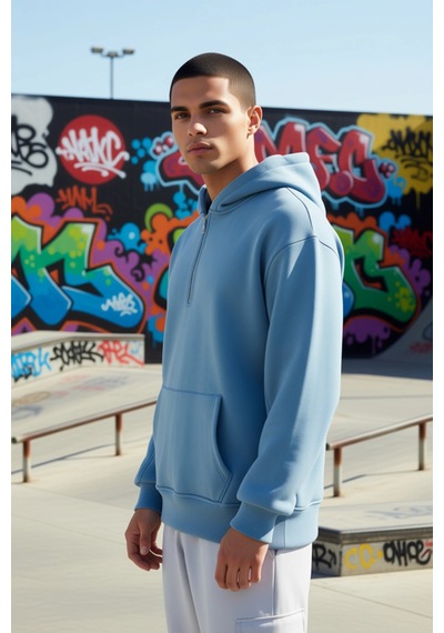 Benerly Erkek Kapüşonlu Fermuarlı Düşük Kol Uzun Kollu Kalıp Sweatshirt F Mavi