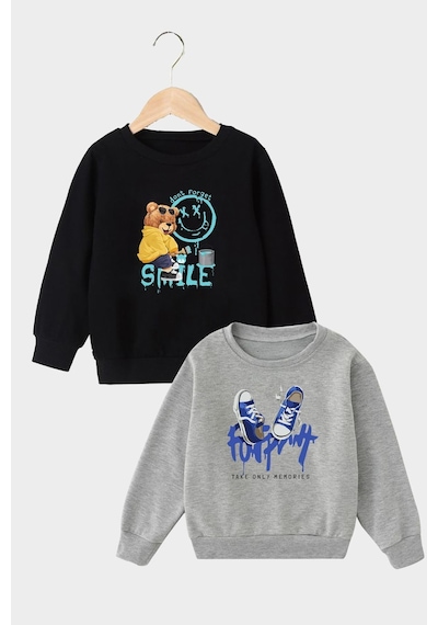 Panios Kids 2'li Smile-footprint Baskılı Erkek Çocuk Gri-siyah Sweatshirt Gri - Siyah