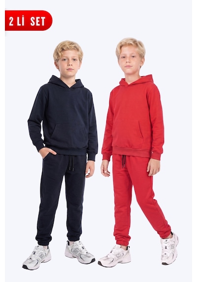 Fyk Kids Erkek Çocuk 2'li Düz Kanguru Cepli Kapüşonlu Eşofman Takımı Lacivert-kırmızı Fyk Kids Erkek Çocuk 2'li Düz Kanguru Cepli Kapüşonlu Eşofman Takımı Lacivert-kırmızı