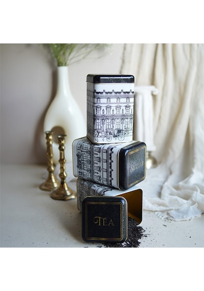 City Desenli Kare Metal Saklama Kabı 3 Lü Set, 10.5 X 10.5 X 16 Cm Çok Renkli