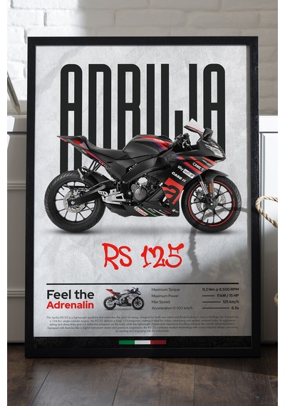 Aprilia Rs 125 Siyah Ahşap Çerçeveli Poster, Dekoratif Motosiklet Duvar Tablosu Çok Renkli