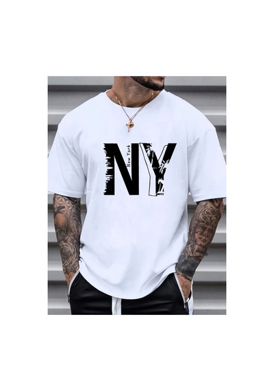 Caddemia Yaz  Rahat Gevşek Artı Boyutu Ny Mektup Baskılı Spor Rahat Yuvarlak Boy Beyaz 2XL
