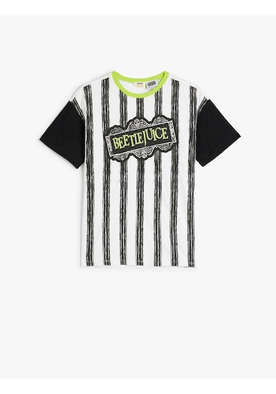Koton Beetlejuice Tişört Lisanslı Kısa Kol Bisiklet Yaka Pamuklu Beyaz Çizgili 5wkb10336tk Beyaz