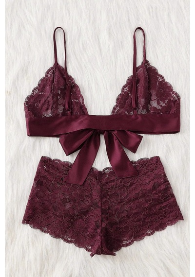 Ang Butik Kadın Bordo Dantelli & Kurdelalı Sütyen Külot Takımı