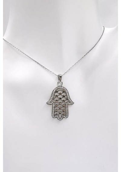 Omar Silver Kadın Fatma Ana Eli Zirkon Taşlı Gümüş Kolye (513867898)