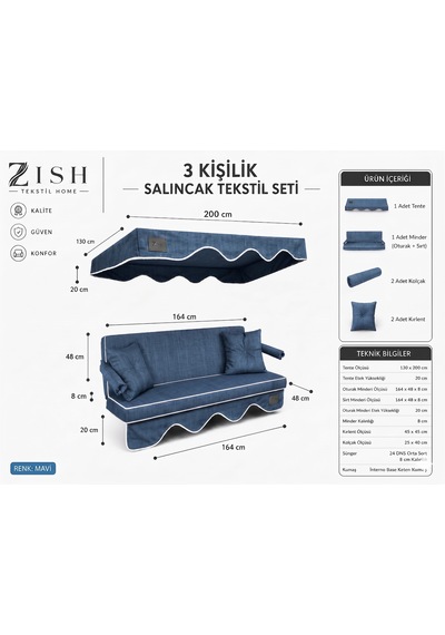 Altaleno 3 Kişilik 164 48 Cm Süngerli Bahçe Balkon Salıncak Minderi Yıkanabilir Kılıflı, Tenteli Keten Kumaş Tekstil Seti 24 Dns 8 Cm Orta Sert Sünger Mavi