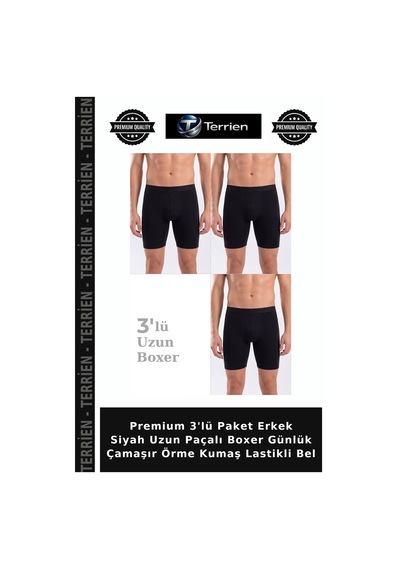 Terrien Premium 3'lü Paket Erkek Siyah Uzun Paçalı Boxer Günlük Çamaşır Örme Kumaş Lastikli Bel