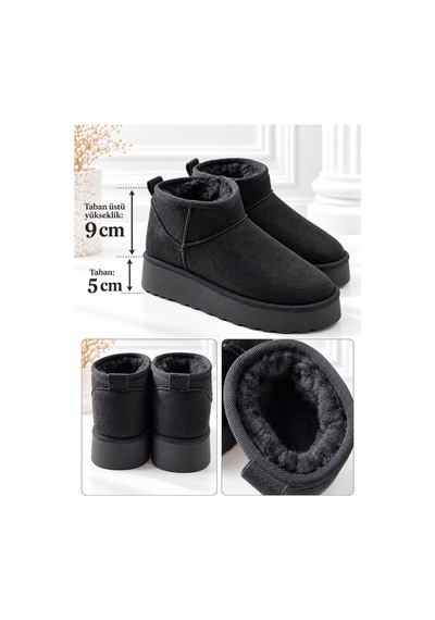 Dabab Shoes Kardelen Kadın Siyah Lüks Süet İçi Kürklü Sıcak Astarlı 5 Cm Kalın Tabanlı Kısa Bot Kar Botu