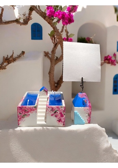 Santorini - Mikanos - Alaçatı Konseptli Ev Mum / Ev Not Fotoğraf Tutuculu Hediyelik Ofis Seti Mavi