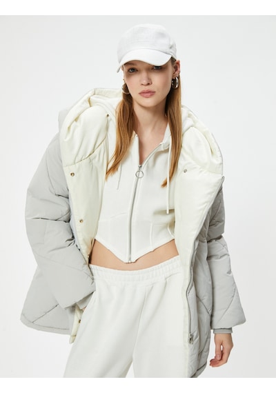 Koton Oversize Kapitone Mont Kruvaze Yaka Kapüşonlu Cep Detaylı Gri 5wal00009ıw Gri