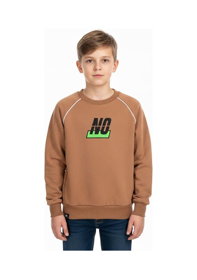 No Baskılı Kapşonsuz Rahat Erkek Çocuk Sweatshirt-90831 Kahverengi