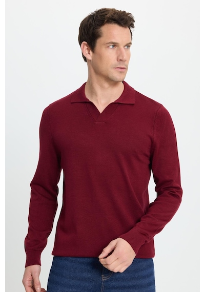 Tudors Erkek Standart Fit Normal Kesim Polo V Yaka Bordo Triko Kazak-35697 Bordo