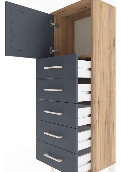 Arges Dolap Tek Raflı 5 Çekmeceli Tek Kapaklı 44x30x134 Çam-antrasit Atlas Çam