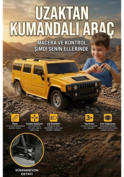 Uzaktan Kumandalı 7 Fonksiyonlu Işıklı Tepe Lambalı 1:16 Ölçek Hummer Suv Oyuncak Arazi Arabası Sarı