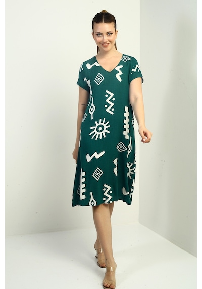 By Saygı Yaka Etnik Desenli Oversize Elbise Yeşil