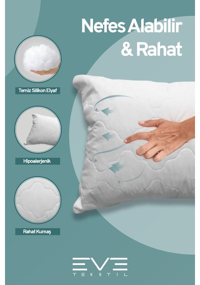 Eve Tekstil 8 Adet Diamant Plus Kılıflı Fermuarlı Yıkanabilir Antialerjik Silikon Elyaf Yastık 50x70cm 800 Gr Beyaz