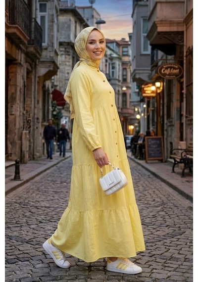 Hb Harma Time Butik Kadın Düğmeli Kat Detaylı Keten Sarı Elbise Bej