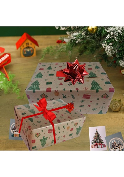 İtalyan Hediye Paketleme Kağıdı, Kraft Ev, Çam, Çiçek Desenli Amb