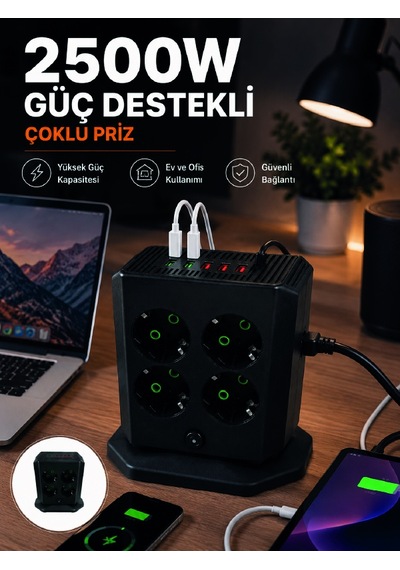 Çoklu Priz 8 Çıkışlı 4 Usb 2 Type-c Anahtarlı Dikey Priz Kulesi 0