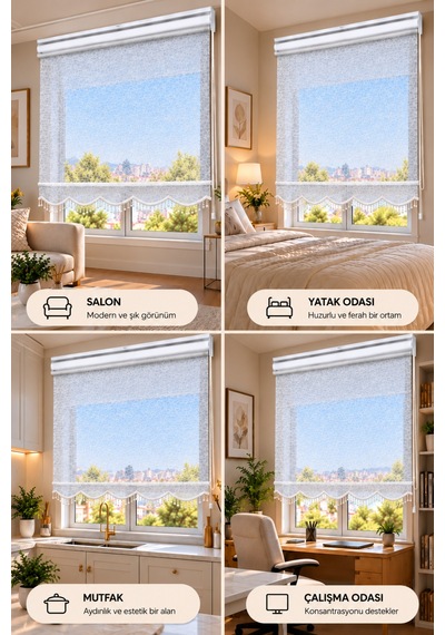 Çift Mekanizmalı Boncuklu Tül Ve Stor Perde Dantel15 Beyaz - 890923483 Beyaz
