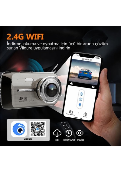 4k Ultra Hd Wifi Araç Kamerası Ön 4k + Arka 1080p Çift Kamera Araç Park Kiti Hediyeli