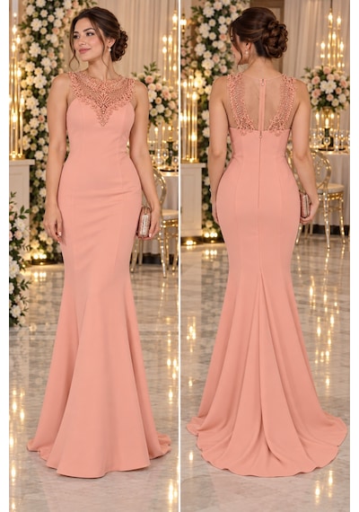 Gül&can Butik Pudra Pembesi Taş İşlemeli Balık Abiye Elbise Pembe