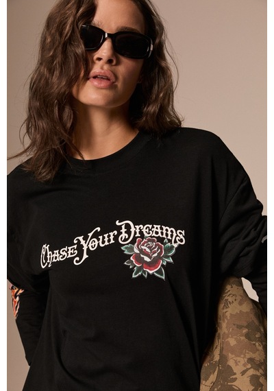 Grımelange Lapıs Kadın Organik Pamuklu Uzun Kollu Baskılı Siyah T-shirt