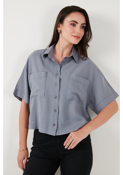 Lela Regular Fit Cep Detaylı Kısa Kollu Bayan Gömlek 6778568 Gri