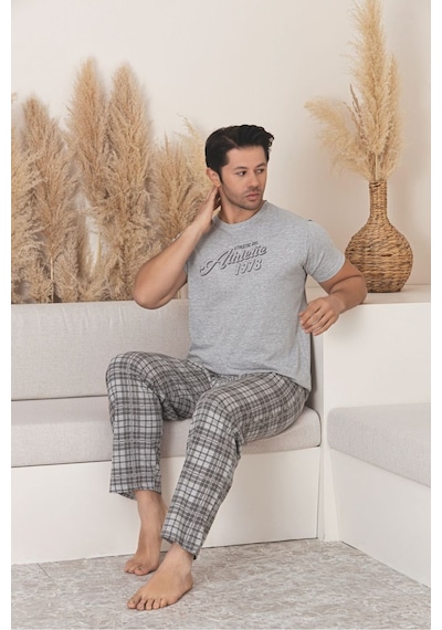 Sude Homewear Erkek Ekoseli Kısa Kol Pijama Takımı Gri