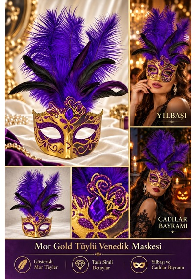 Mor Gold Tüylü Venedik Maskesi Taşlı Simli Yılbaşı Halloween Cadılar Bayramı Balo Parti Maskesi