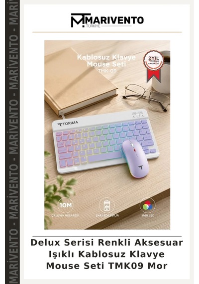 Delux Serisi Renkli Aksesuar Işıklı Kablosuz Klavye Mouse Seti Tmk09 Mor