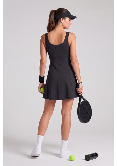 TOMMYLIFE Siyah Yuvarlak Yaka Kadın Tenis Elbise - 97319