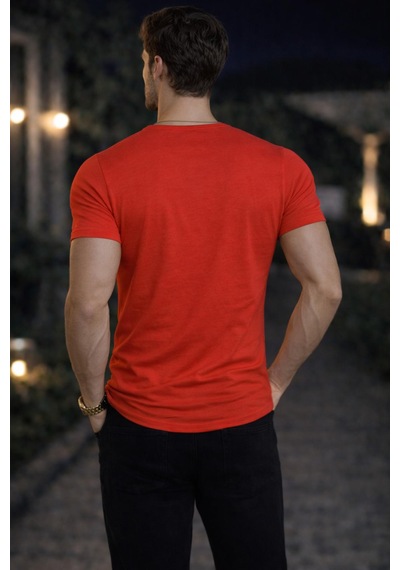 Bybülent Erkek Oval Yaka Tişört Açık Yaka Likralı Slim Fit T-shirt Kırmızı