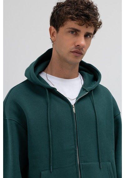 Vamos Basic Fermuarlı Oversize Kapüşonlu Sweatshirt Nefti Yeşil