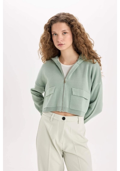 DeFacto Regular Fit Kapüşonlu Basic Düz Fermuarlı Triko Hırka E2270AXNSGN955 Yeşil