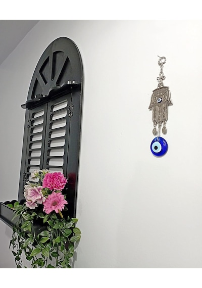 Fatma Eli - Hamsa Metal Duvar Süsü Cam Nazarlık Sallantılı 21x6cm
